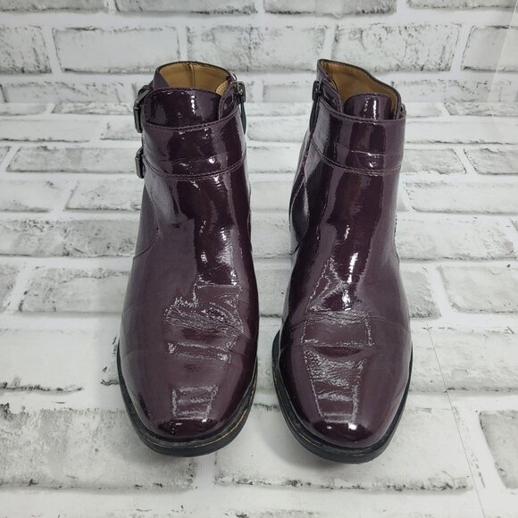 Franco Sarto Patent Leather Riddick Wine Burgundy Purple Booties Buckles Size 6 - Picture 4 of 9